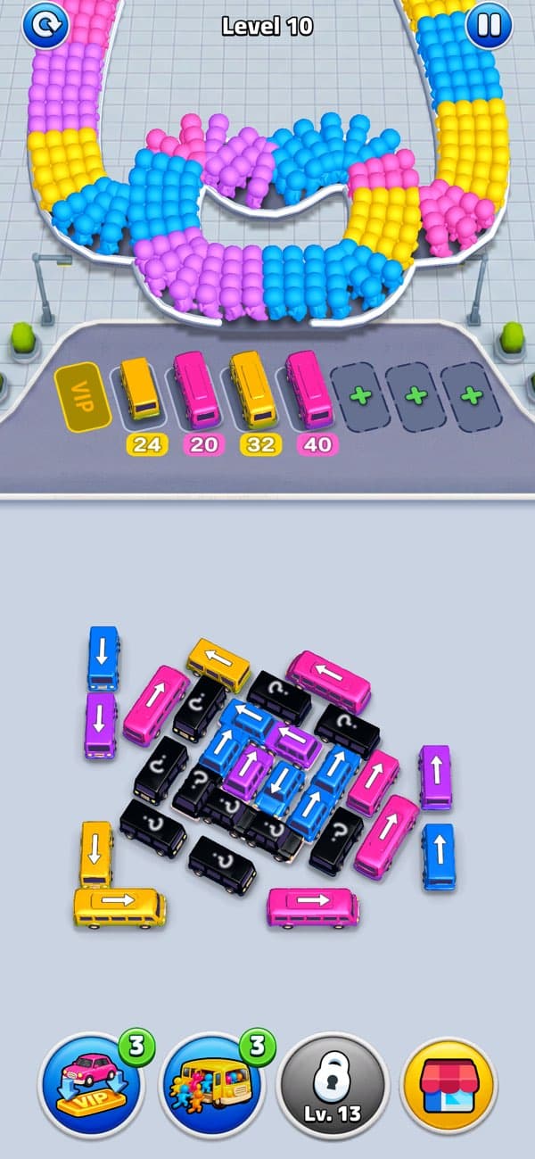 Bus Traffic Fever gameplay screenshot with buses, passengers, and parking jam puzzle lanes