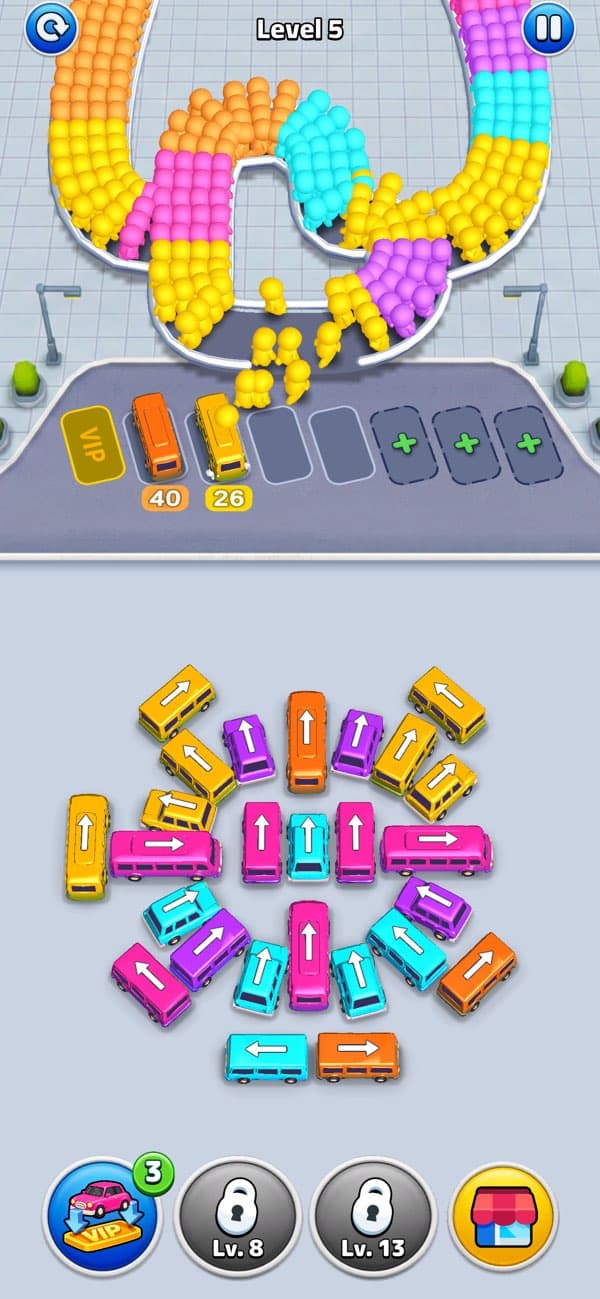 Bus Traffic Fever gameplay screenshot with buses, passengers, and parking jam puzzle lanes