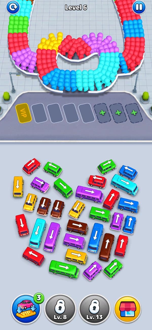 Bus Traffic Fever gameplay screenshot with buses, passengers, and parking jam puzzle lanes