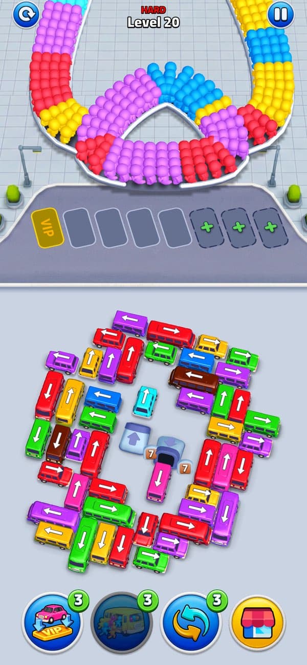 Bus Traffic Fever gameplay screenshot with buses, passengers, and parking jam puzzle lanes